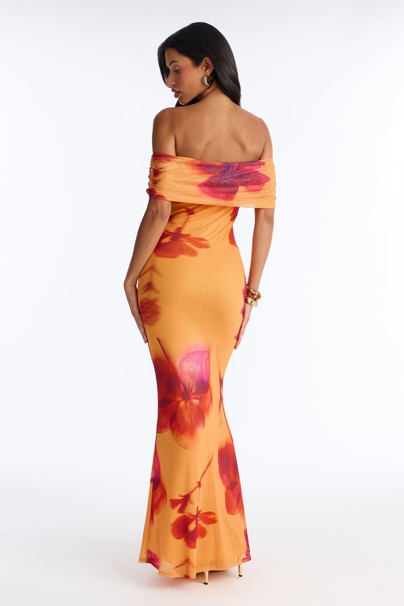 Emilee Off Shoulder Mesh Maxi Dress - Orange/combo Female Product Image