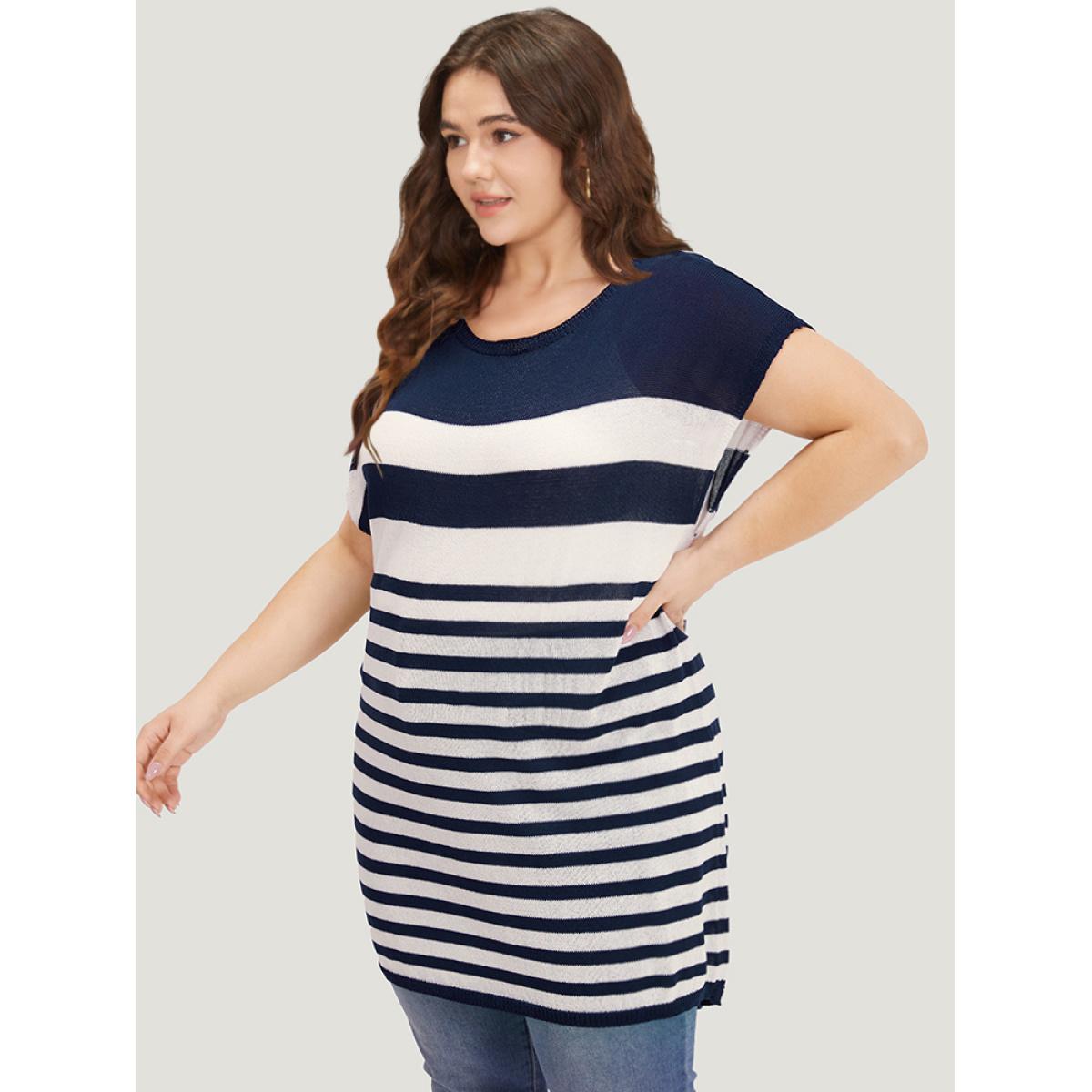 Plus Size Striped Contrast Boat Neck Cap Sleeve Pullover Indigo Women Casual Loose Short sleeve Round Neck Dailywear Pullovers BloomChic 28/5X Product Image