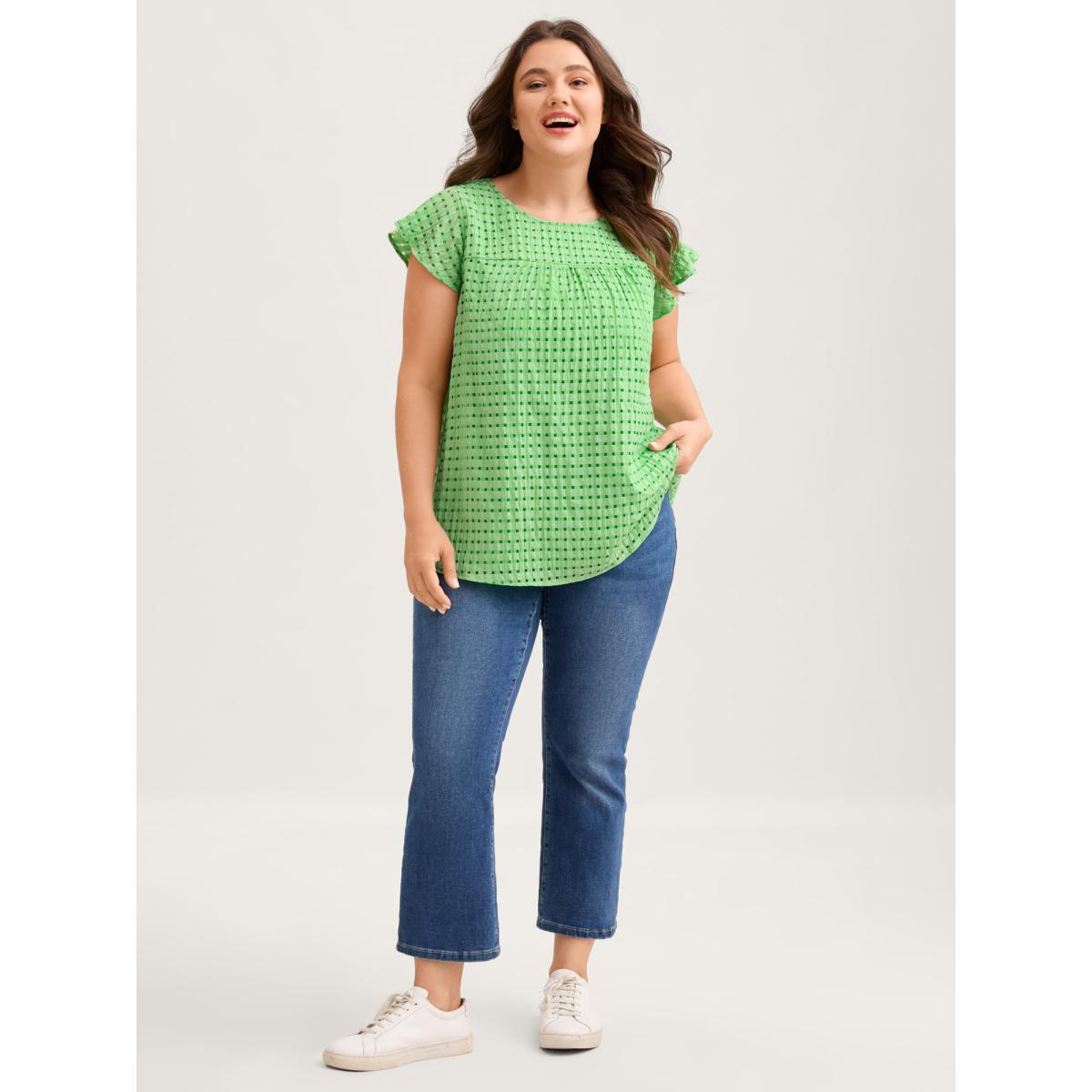 Plus Size SpringGreen Textured Sheer Lined Flutter Sleeve Blouse Women Leisure Cap Sleeve Round Neck Casual Blouses BloomChic 12/L Product Image