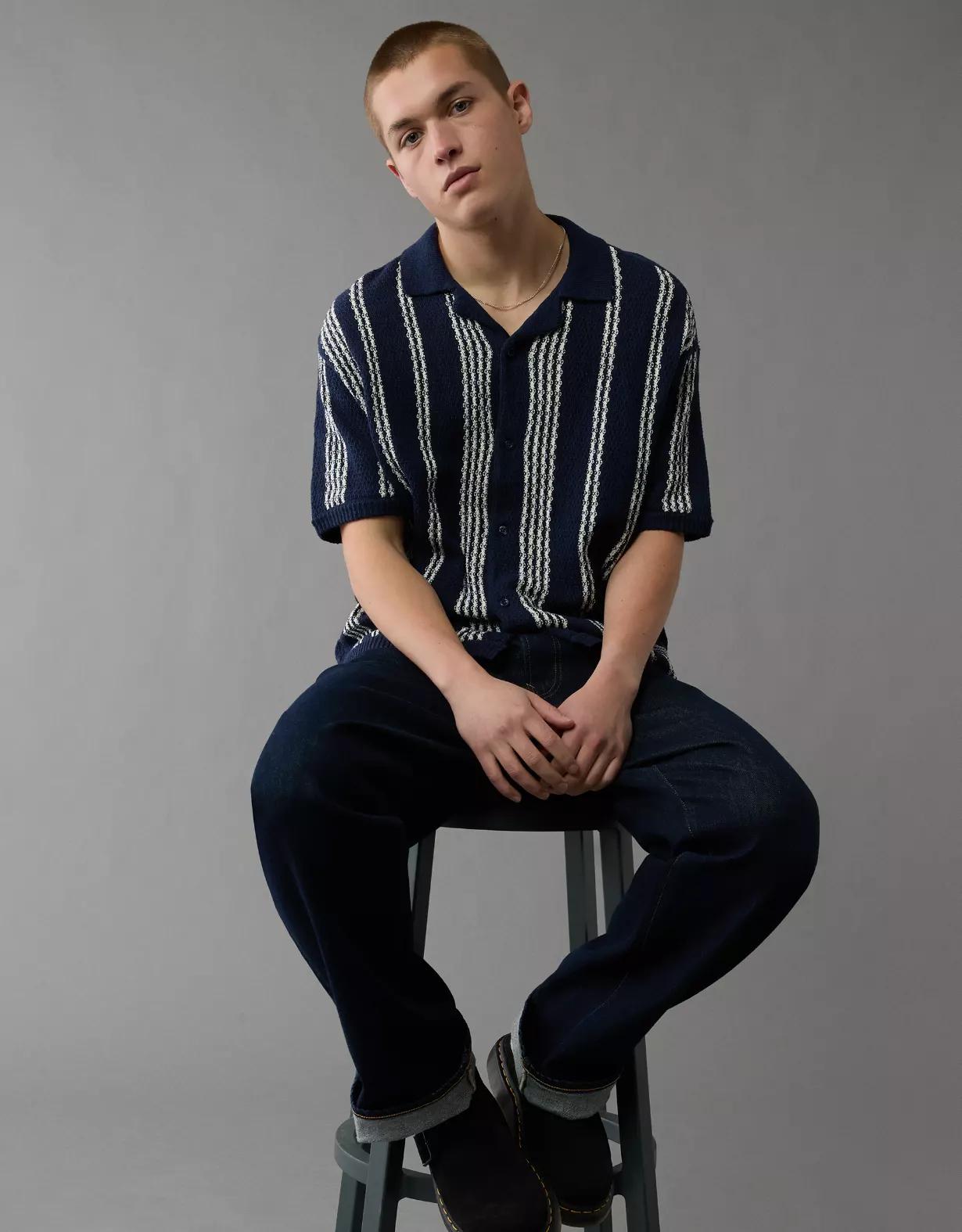 AE Weekend Striped Button-Up Sweater Polo Shirt Product Image