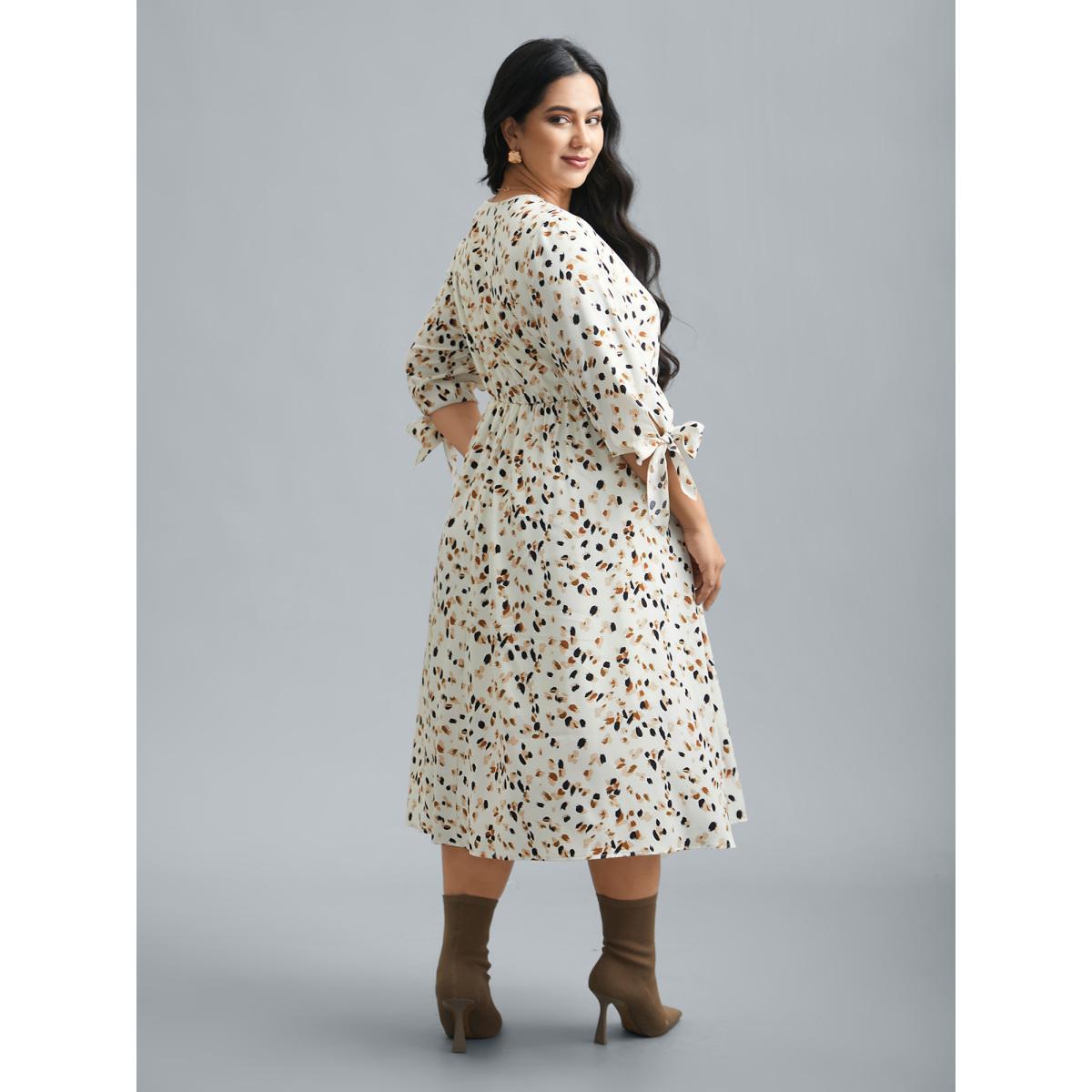Plus Size Printed Stretchy Waist-Cinched Midi Dress Apricot Women Elegant Tie knot V-neck Elbow-length sleeve Curvy BloomChic 30/6X Product Image