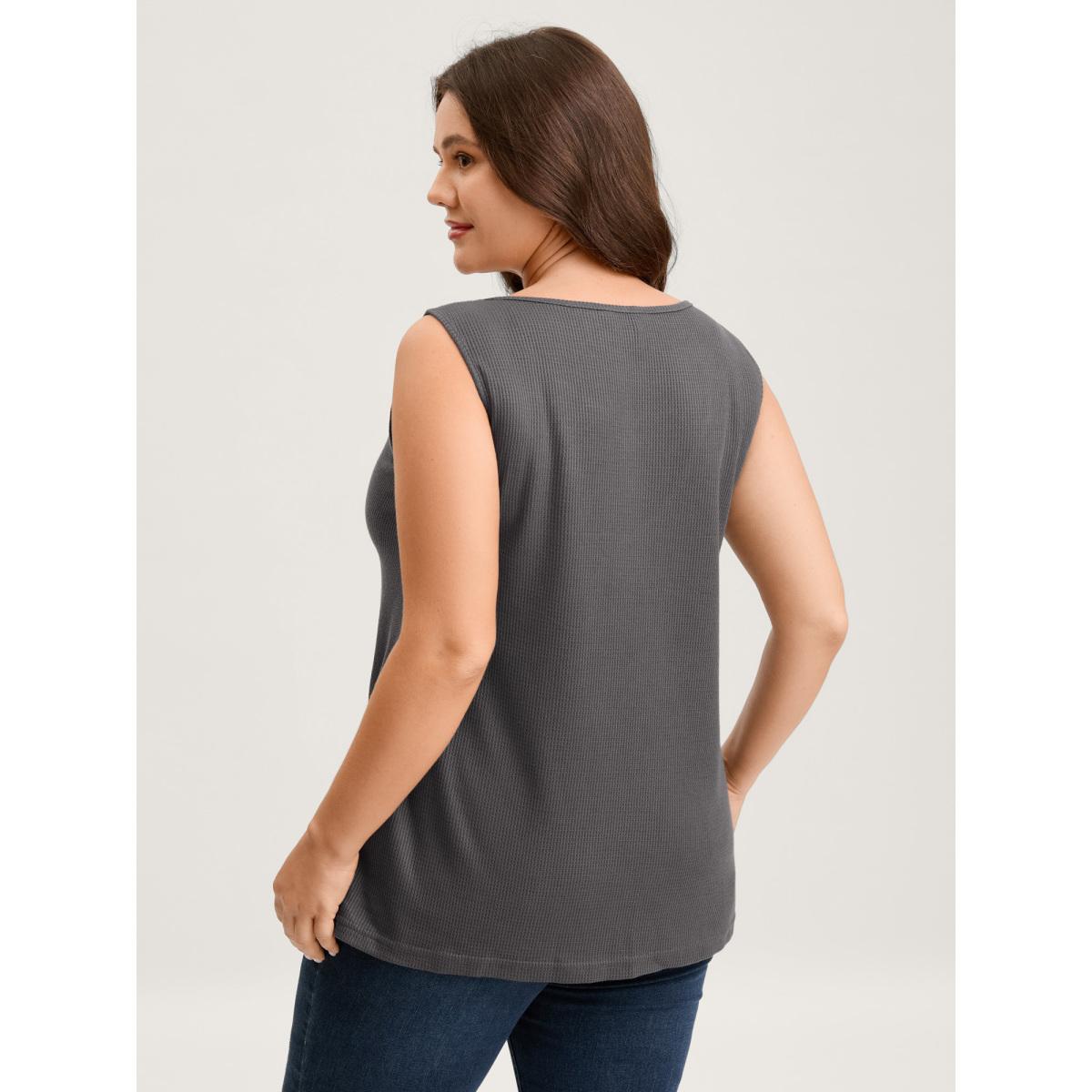 Plus Size Waffle Bubble Hem Buttons Tank Top Women DimGray Leisure Overlapping Round Neck Casual Tank Tops Camis BloomChic 22-24/3X Product Image