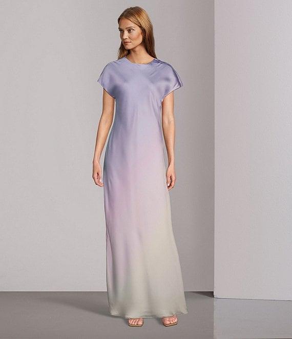 Antonio Melani Fallon Printed Satin Ombre Boat Neck Short Sleeve Long Slip Dress Product Image
