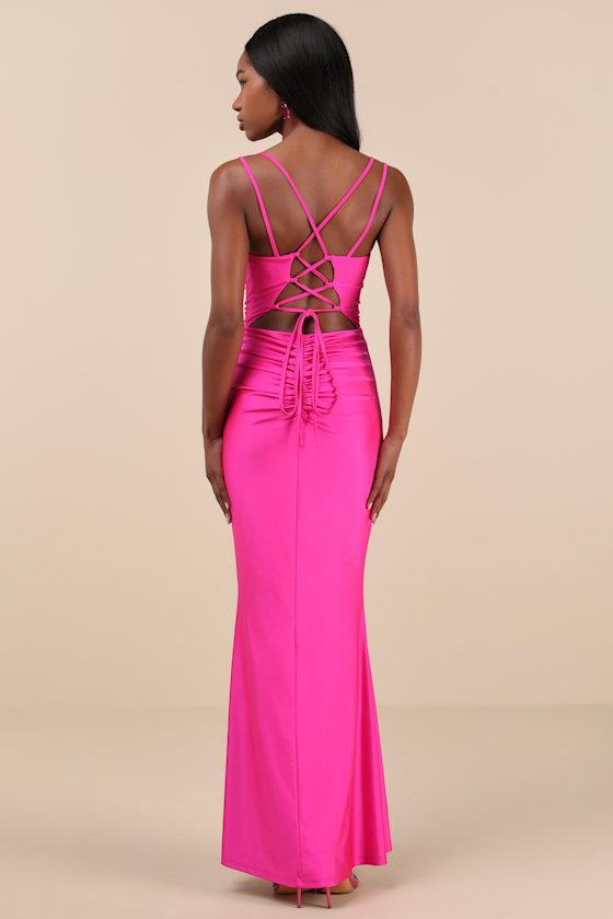 Jadine Hot Pink Slinky Knit Ruched Lace-Up Mermaid Maxi Dress Product Image
