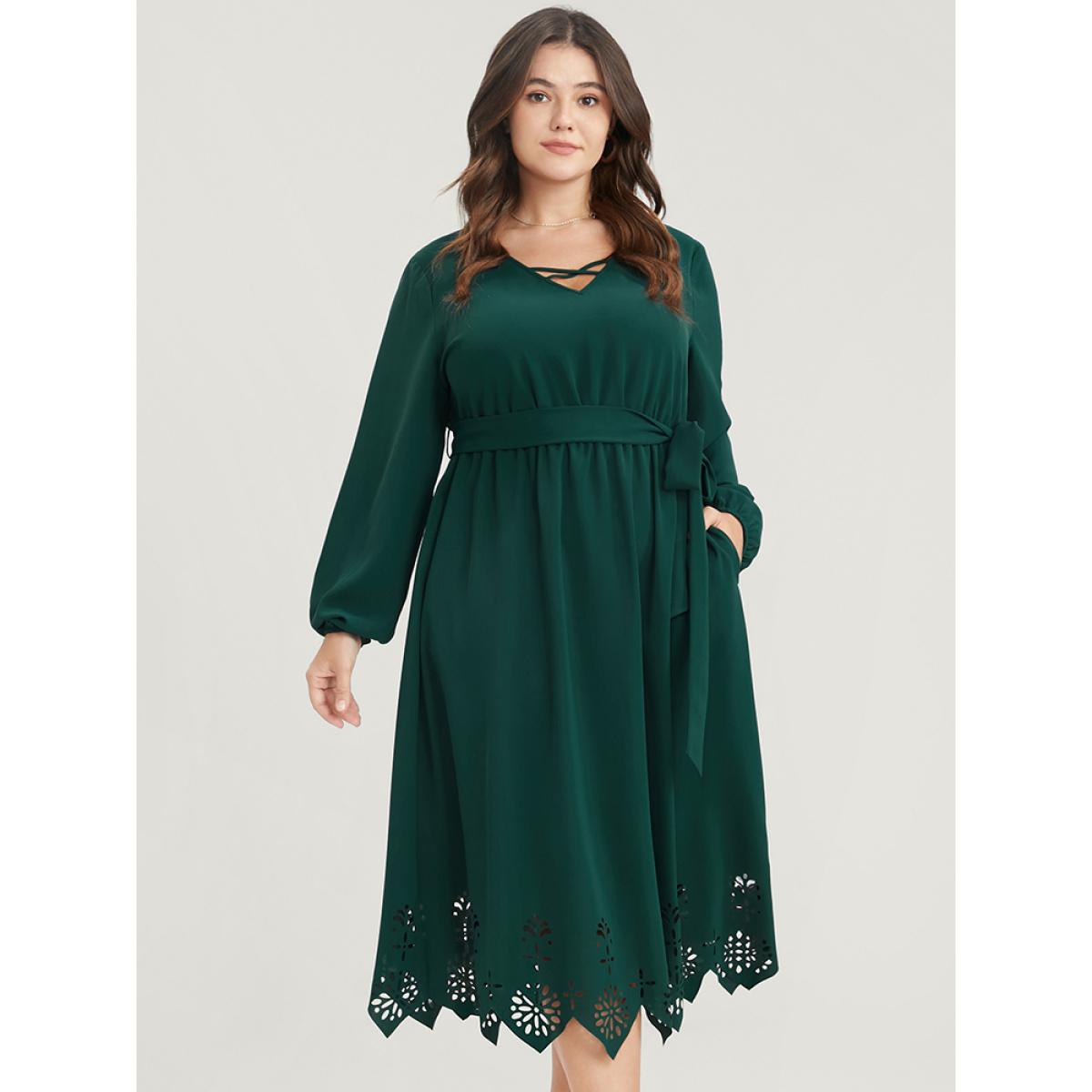 Plus Size Solid Pocket Crisscross V Neck Laser Cut Belted Dress DarkGreen Women Elegant Belted V-neck Long Sleeve Curvy Midi Dress BloomChic 12/L Product Image