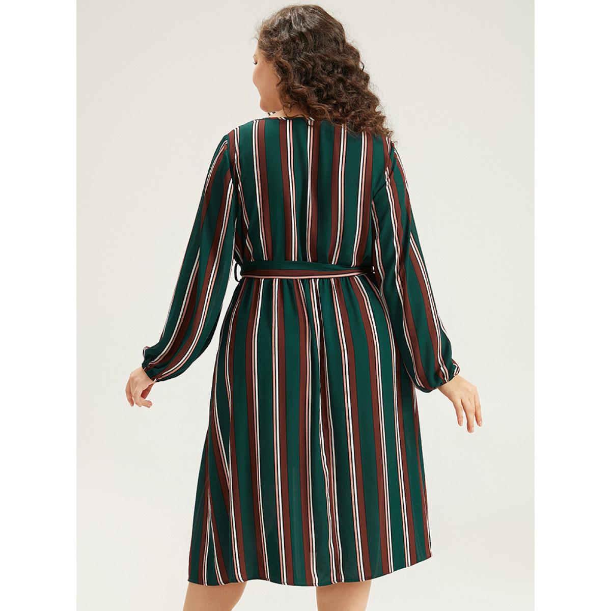Plus Size Striped Contrast Crew Neck Belted Dress Multicolor Women Office Elastic cuffs Round Neck Long Sleeve Curvy Midi Dress BloomChic 22-24/3X Product Image