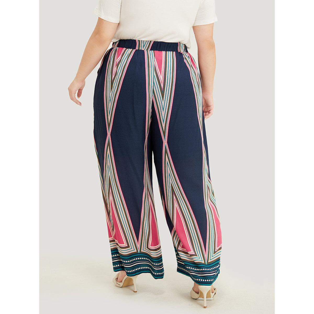 Plus Size Geometric Print Pocket Wide Leg Pants Women Indigo Vacation Loose High Rise Dailywear Pants BloomChic 22-24/3X Product Image