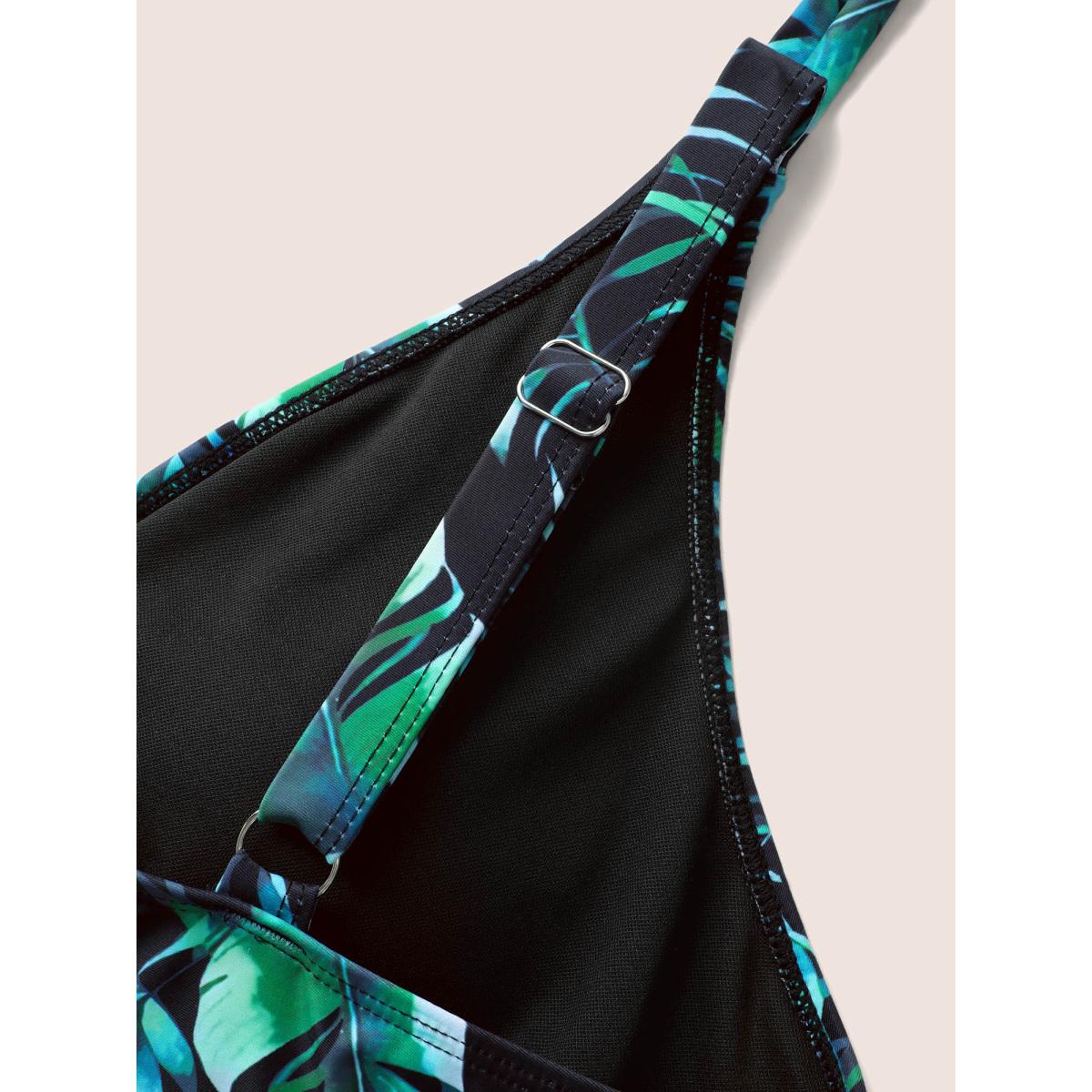 Plus Size Overlap Collar Tropical Print Mesh Tie Knot Swim Dress Women's Swimwear Black Beach Bodycon Overlap Collar High stretch Curve Swim Dresses BloomChic 10/M Product Image