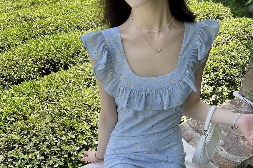 Sleeveless Square Neck Floral Print Maxi A-Line Dress Product Image