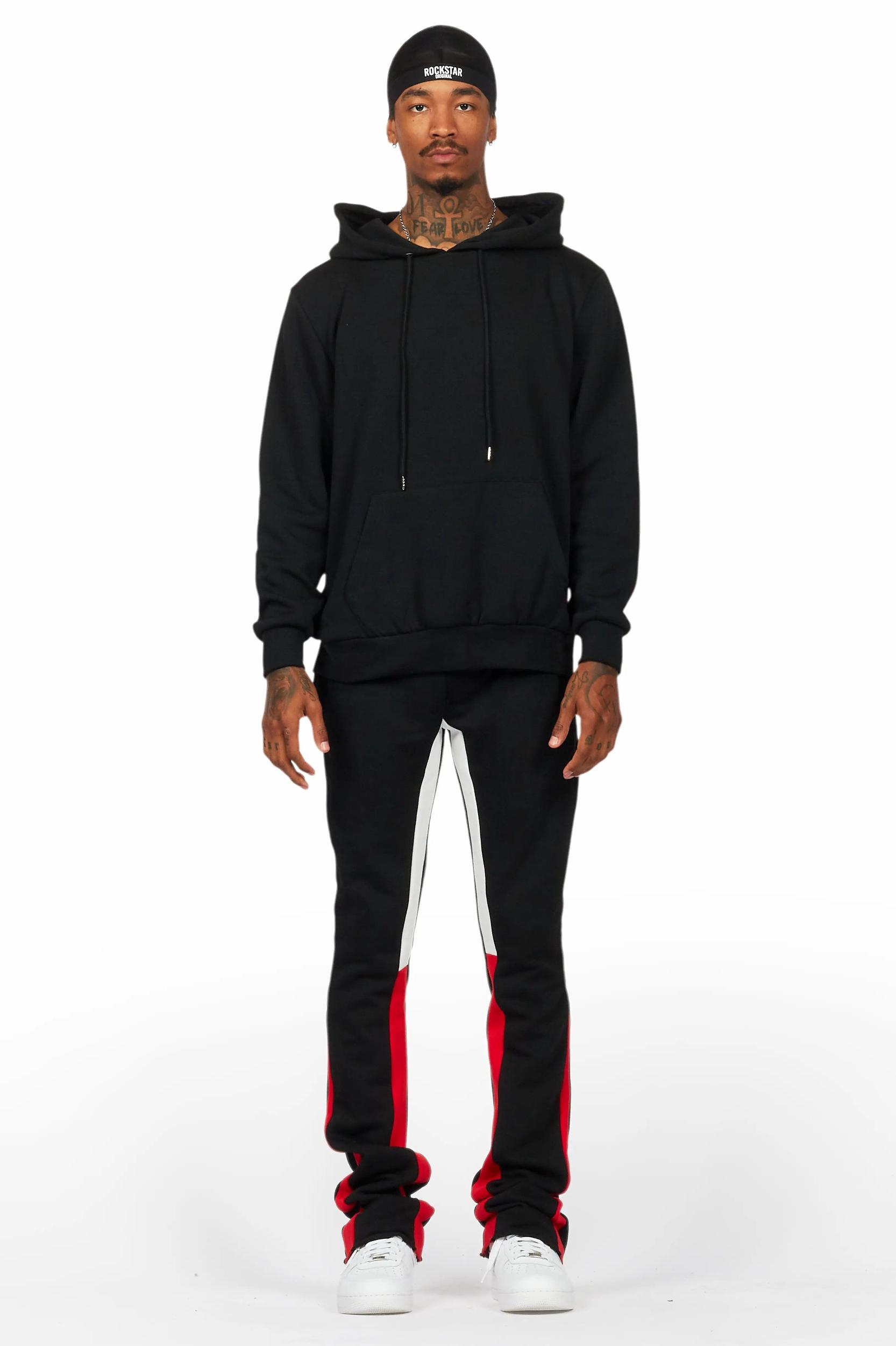 Basic Black/Red Hoodie/Stacked Flare Track Set Male Product Image