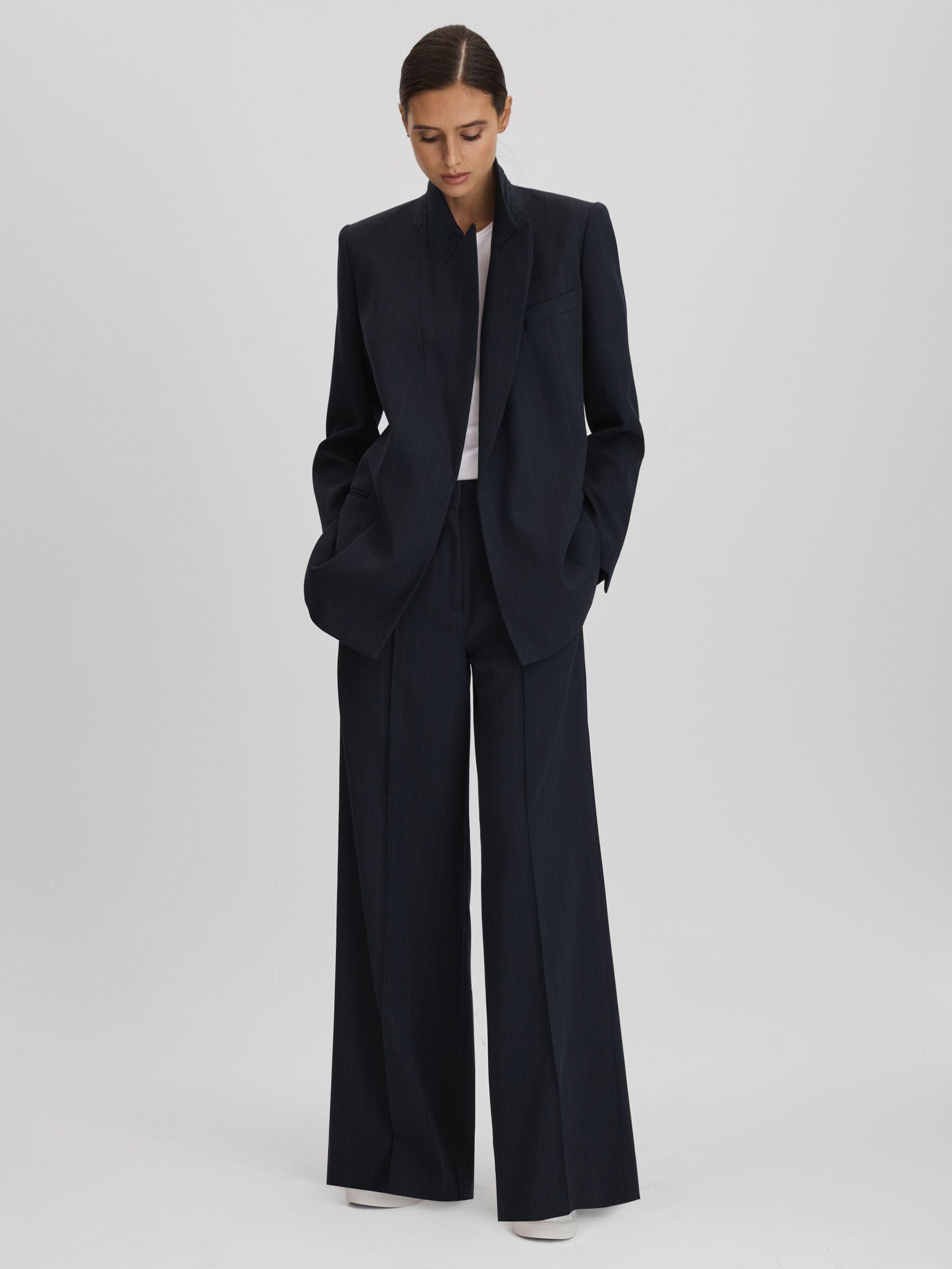 Wool Blend Wide Leg Pinstripe Trousers in Navy Product Image