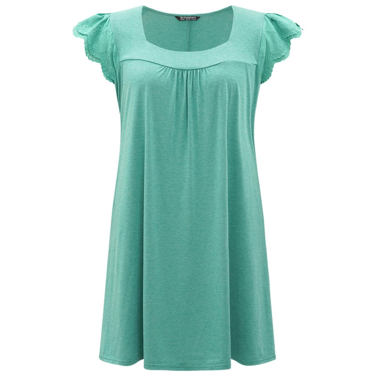 Plus Size Supersoft Essentials Lace Panel Square Neck Layered Dress Emerald Women Casual Gathered Square Neck Cap Sleeve Curvy Knee Dress BloomChic 30/6X Product Image