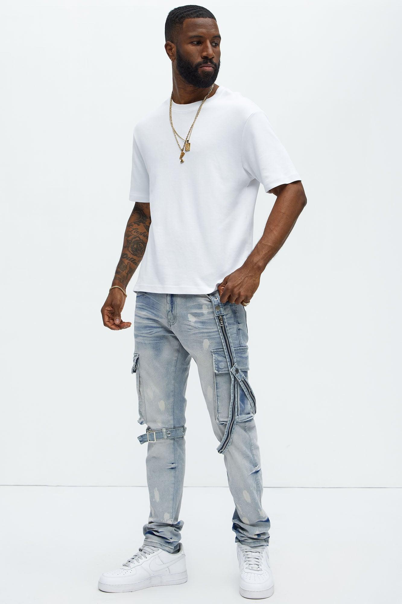 Buckle And Strap Stacked Skinny Jeans - Light Wash Product Image