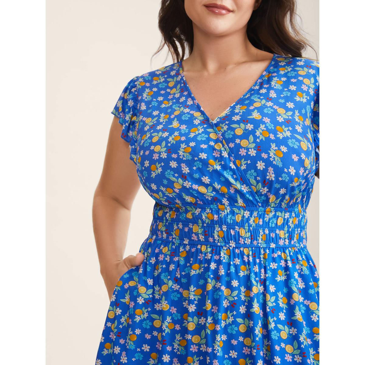 Plus Size Fruity Floral Stretchy Waist Midi Dress Skyblue Women Leisure Overlap Collar Cap Sleeve Curvy BloomChic 26/4X Product Image