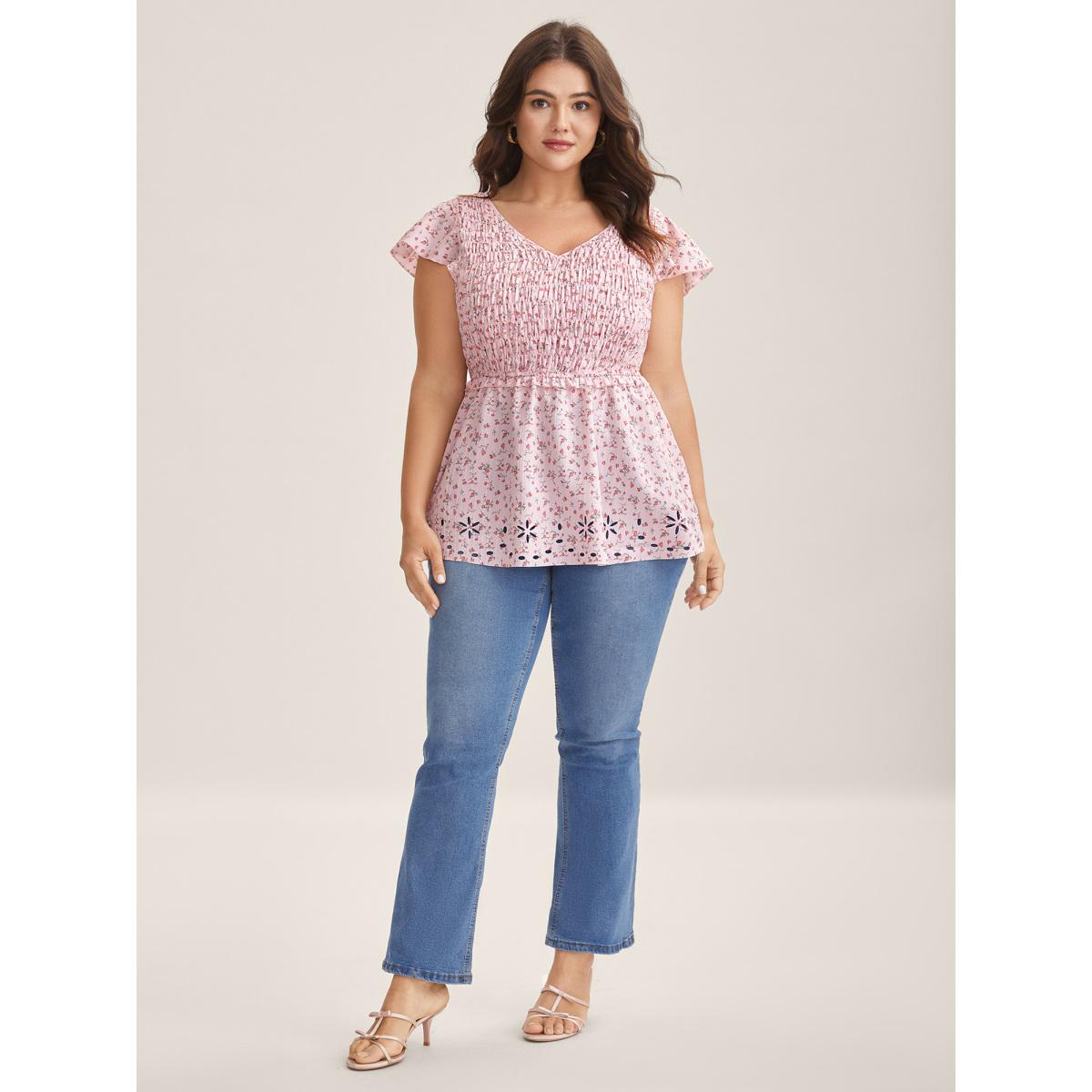 Plus Size Lightpink Shirred Laser Cut Hem Floral Blouse Women Cap Sleeve V-neck Everyday-Elegant Blouses BloomChic 12/L Product Image