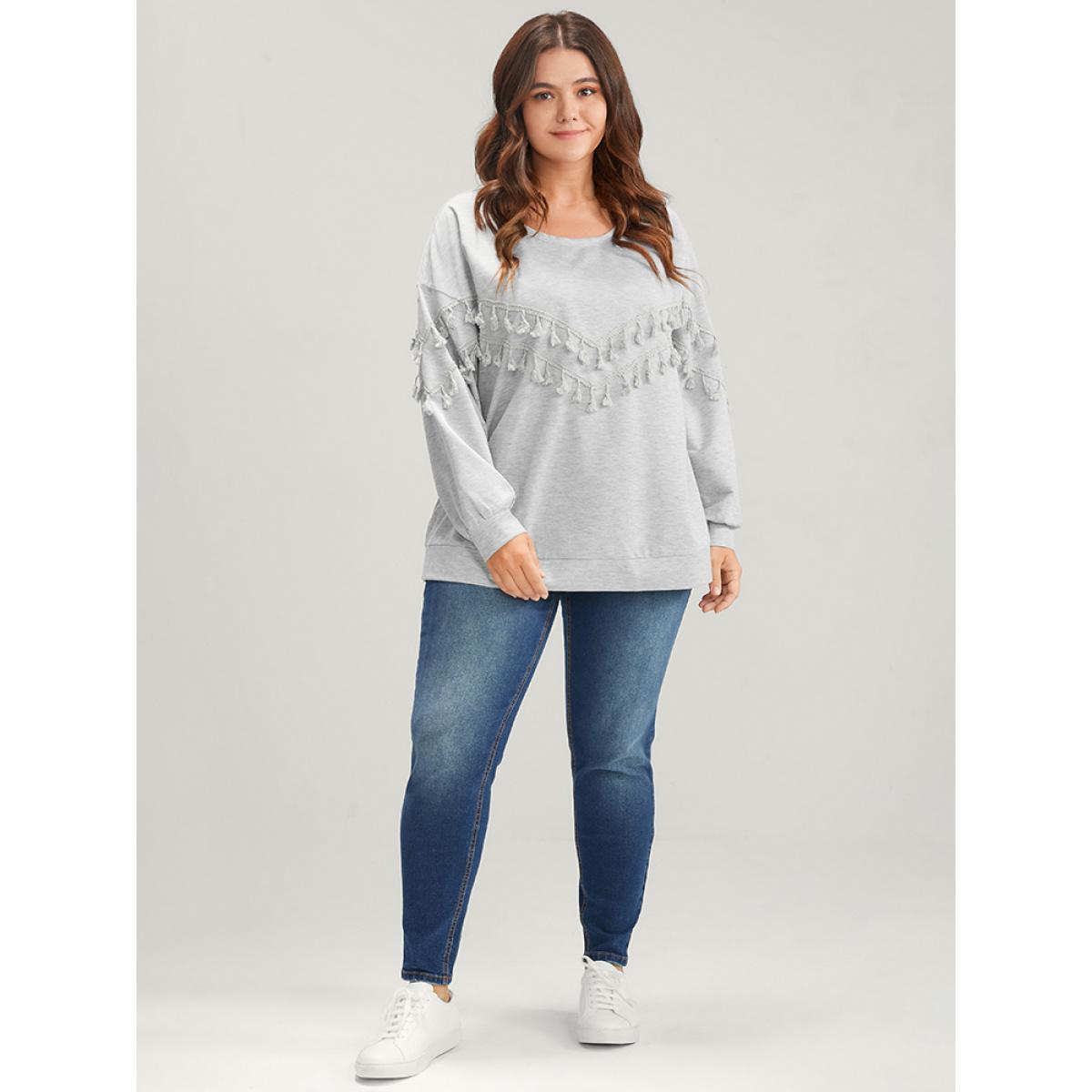 Plus Size Solid Round Neck Tassels Drop Shoulder Sweatshirt Women LightGray Casual Patchwork Round Neck Dailywear Sweatshirts BloomChic 18-20/2X Product Image