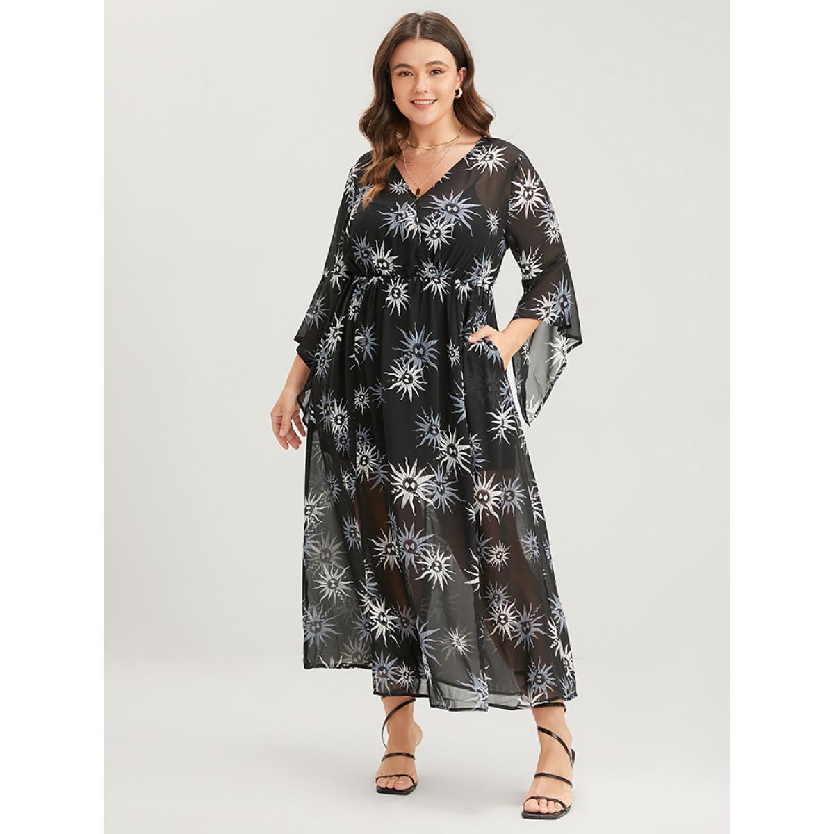 Plus Size Halloween Sun Print Bell Sleeve Mesh Split Dress Black Women Party Gathered V-neck Long Sleeve Curvy Midi Dress BloomChic 14-16/1X Product Image
