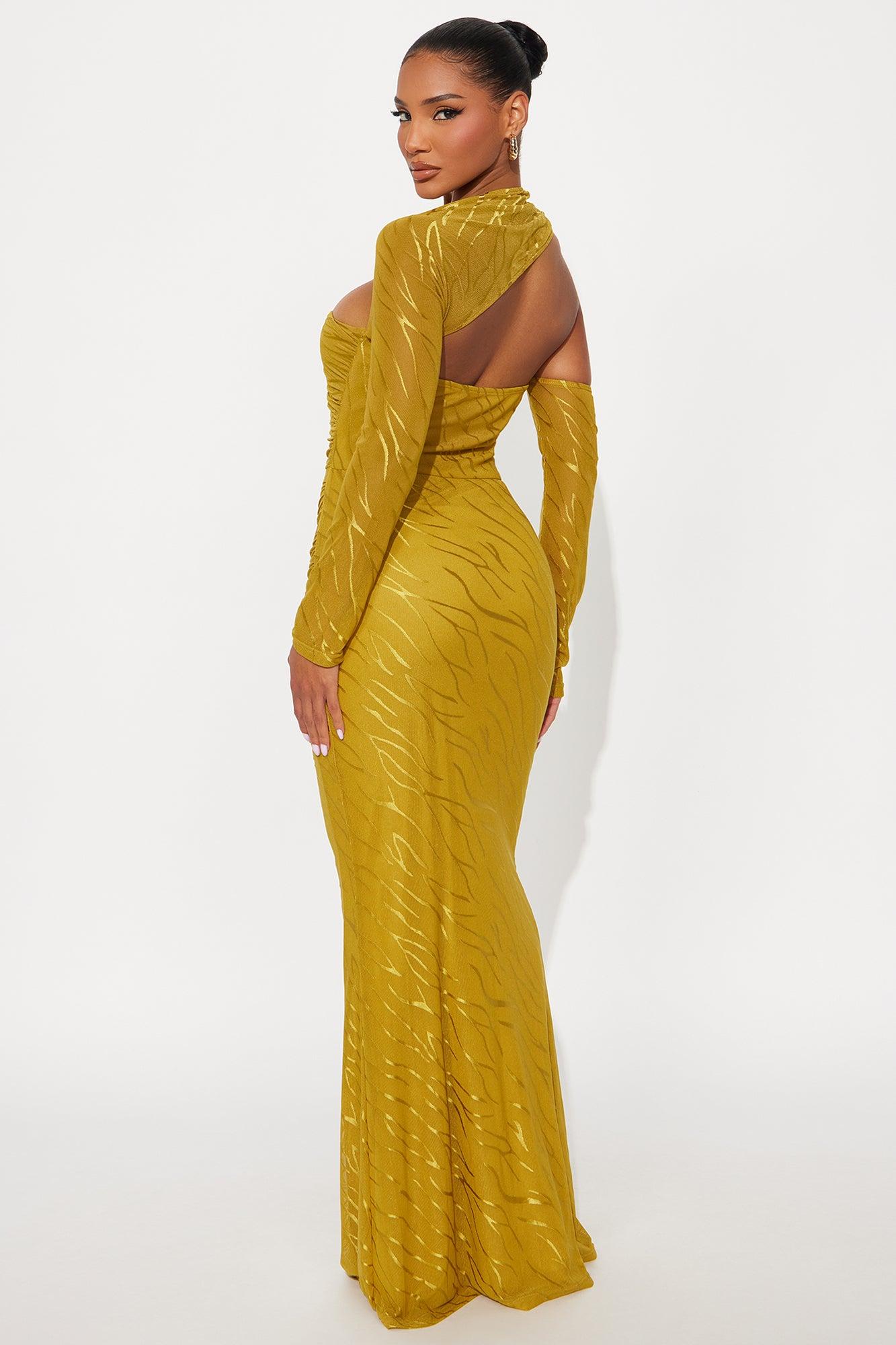 Juliana Asymmetrical Long Sleeve Mesh Maxi Dress - Chartreuse Female Product Image