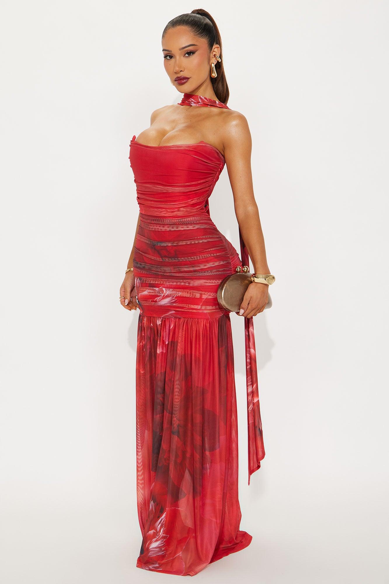Mariana Floral Mesh Maxi Dress - Red/combo Female Product Image