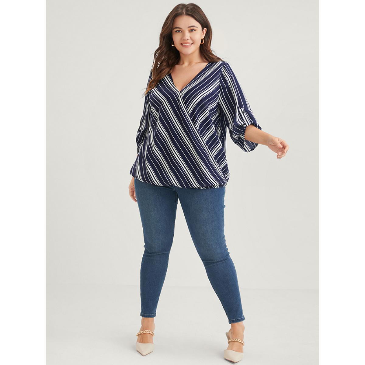 Plus Size DarkBlue Striped Button Cuffed Sleeve Wrap Blouse Women Vacation Short sleeve V-neck Dailywear Blouses BloomChic 22-24/3X Product Image