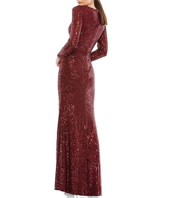 Mac Duggal Long Sleeve V-Neck Sequin Faux Wrap Gown Product Image