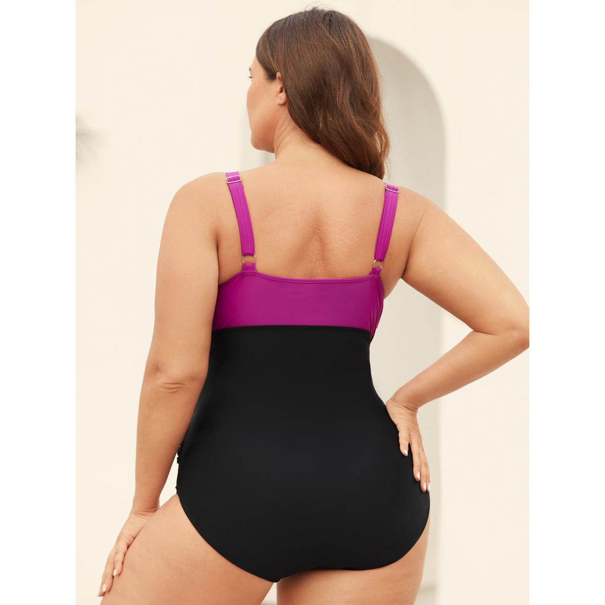 Plus Size Color Block Twist Front One-Piece Swimsuit Women's Swimwear RedViolet Resort Twist Curve Bathing Suits High stretch One Pieces BloomChic 14-16/1X Product Image