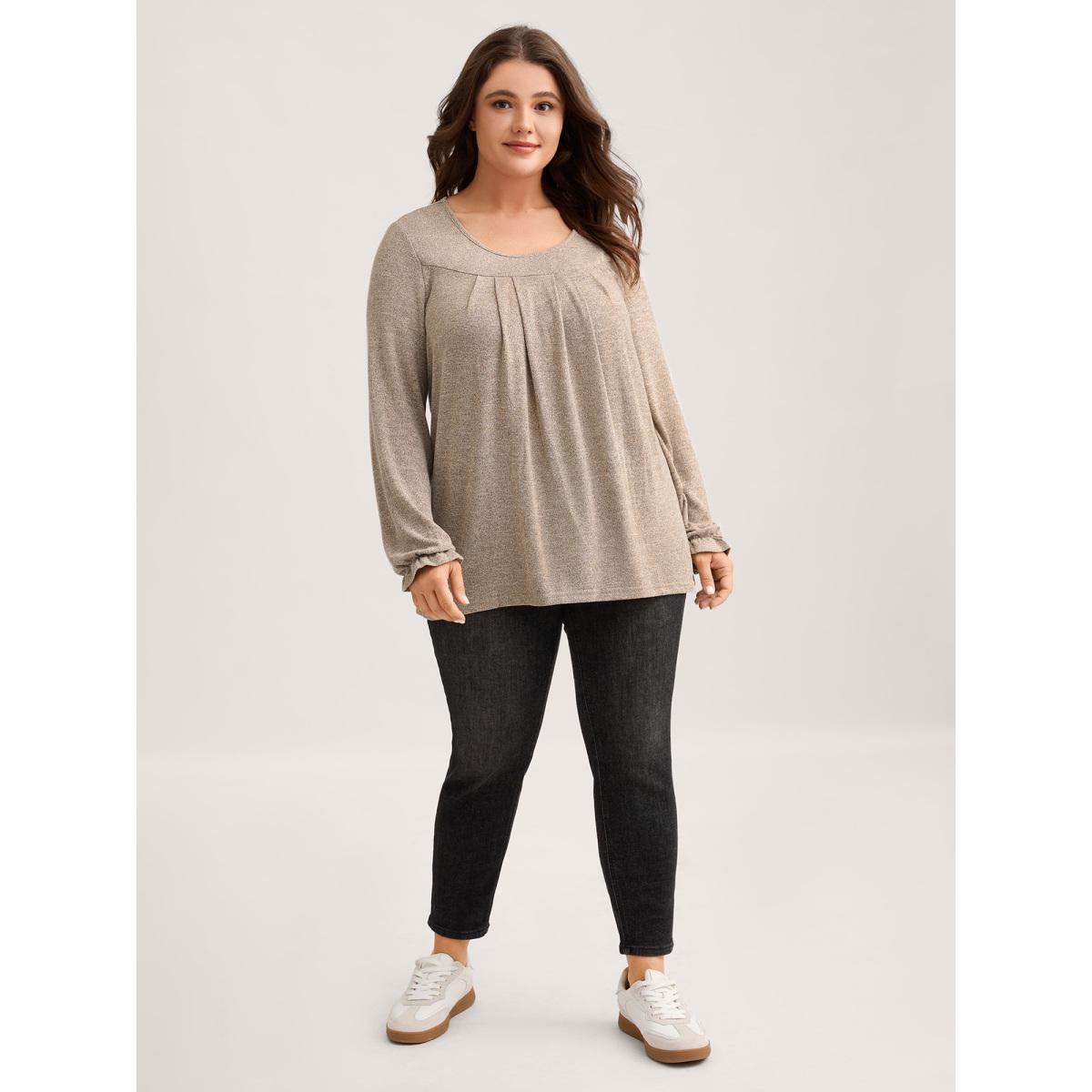 Plus Size Round Neck Heather Pleated T-shirt LightBrown Women Leisure Pleated Round Neck Loose Casual T-shirts BloomChic 28/5X Product Image