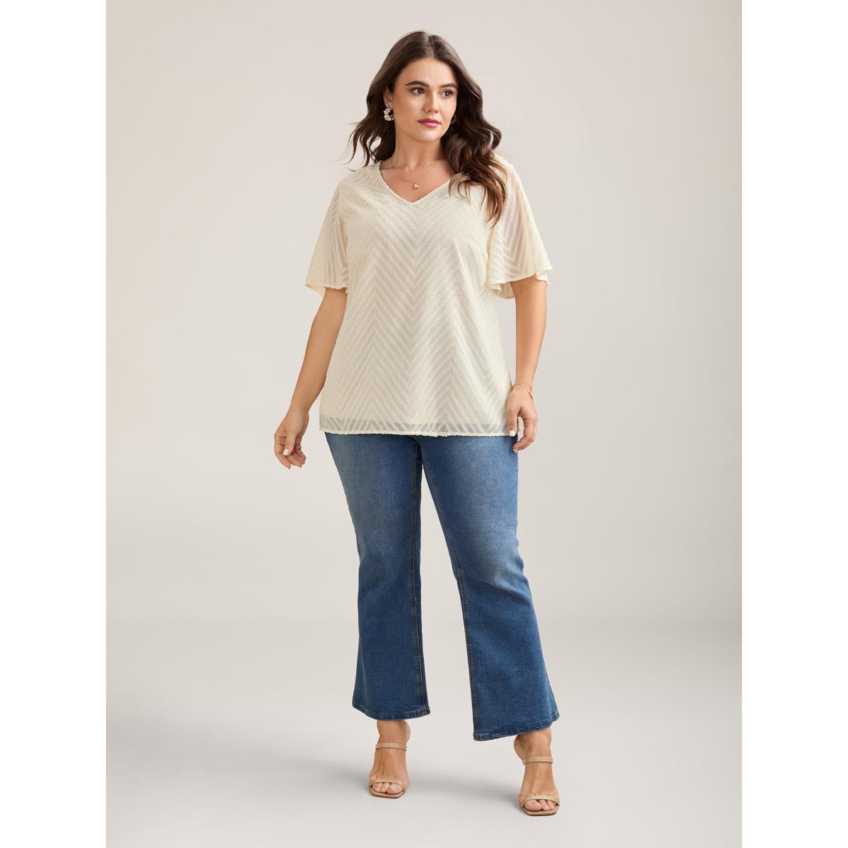 Plus Size Ivory Textured Sheer Ruffled Sleeve Blouse Women Timeless Short sleeve V-neck Elegant Blouses BloomChic 22-24/3X Product Image