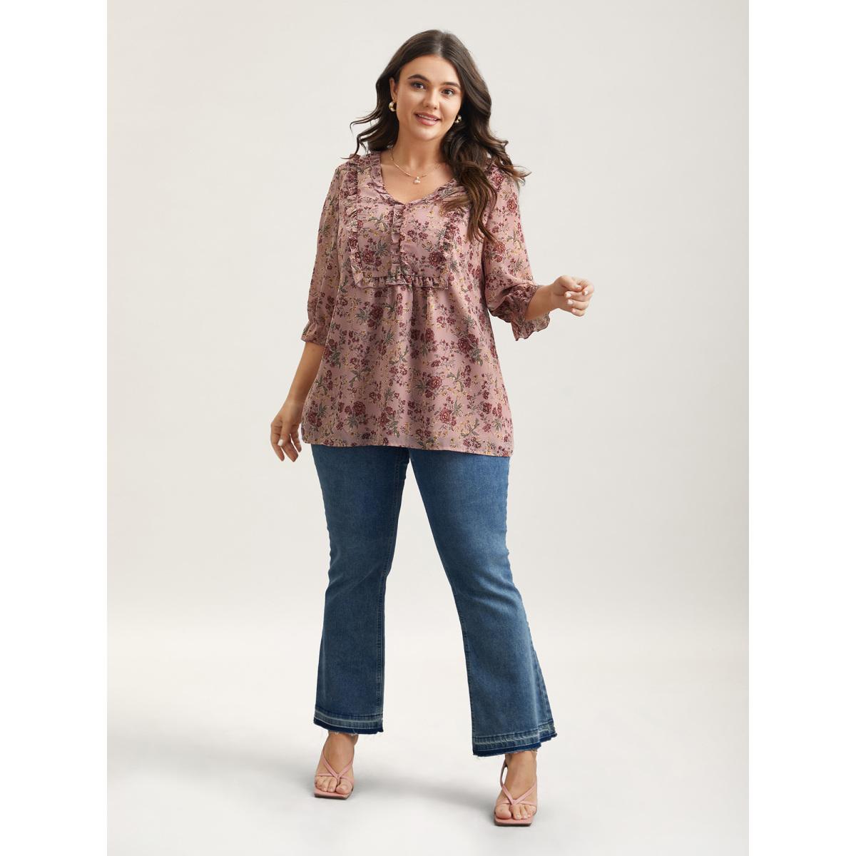 Plus Size Rouge Chiffon Floral Print Ruffled Neck Flowy Shirt Women Romantic Elbow-length sleeve V-neck Elegant Blouses BloomChic 18-20/2X Product Image