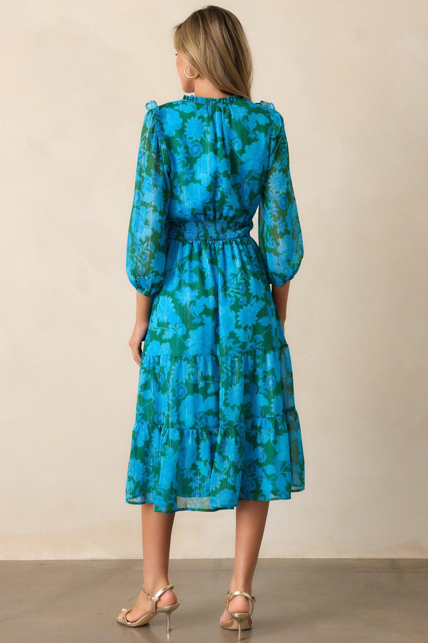 Rising Tides Blue Floral Long Sleeve Midi Dress Product Image