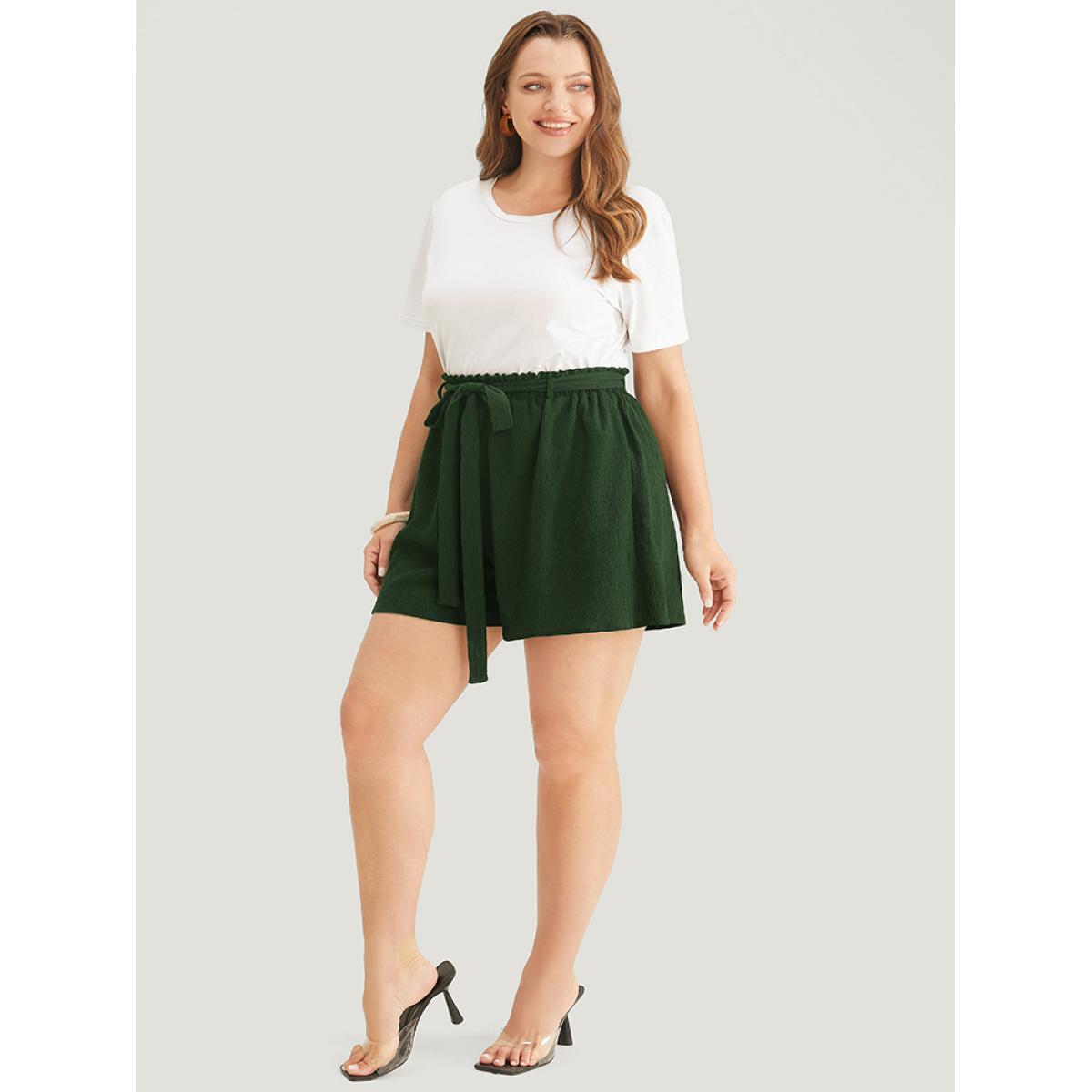 Plus Size Plain Paperbag Waist Ruffle Trim Belt Shorts Women ArmyGreen Casual Belted Dailywear Shorts BloomChic 26/4X Product Image