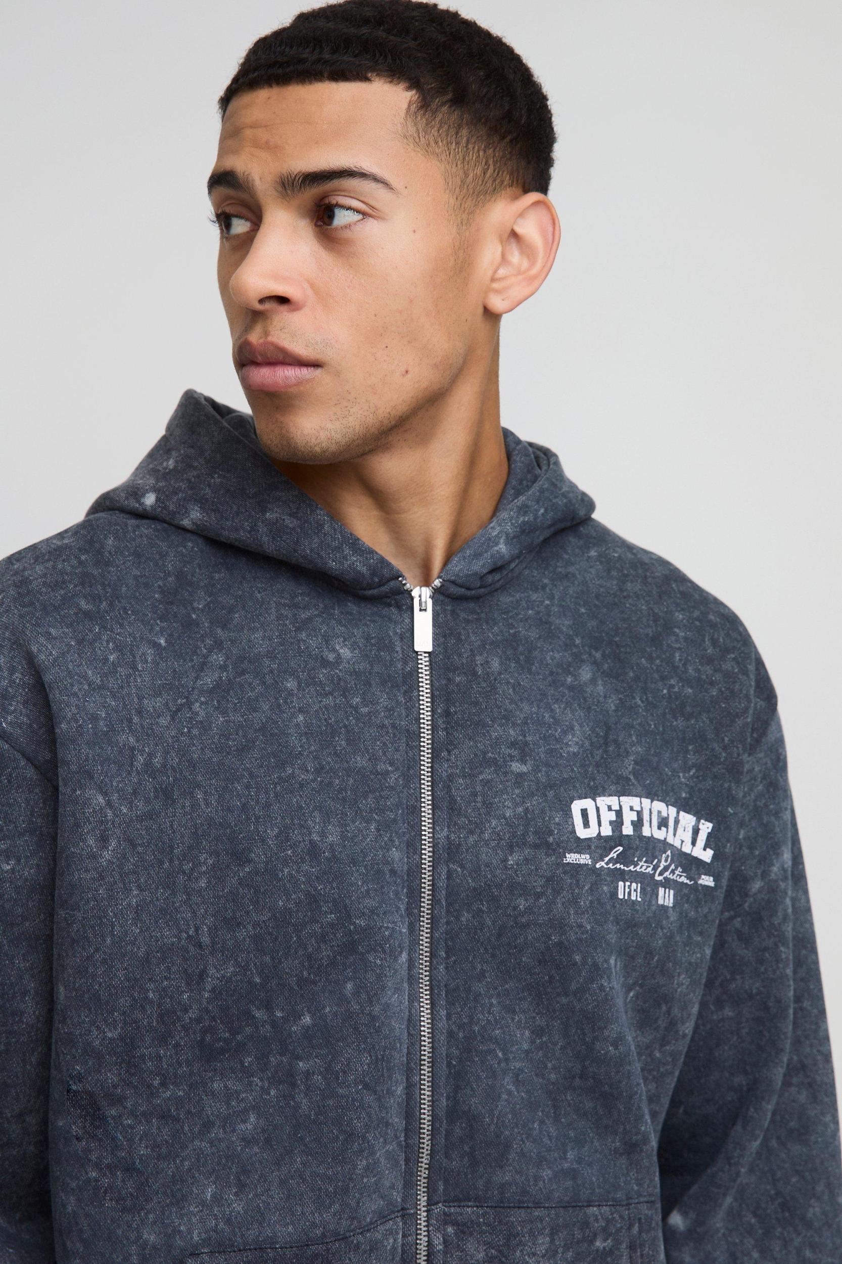 Oversized Official Washed Zip Through Hoodie | boohooMAN USA Product Image