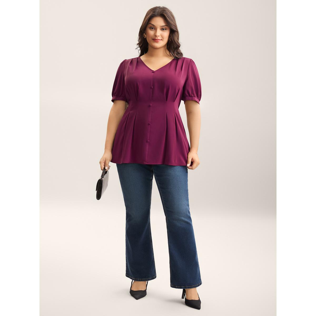 Plus Size Plum Button Detail Waist-Cinched A Line Blouse Women At the Office Short sleeve V-neck Work Blouses BloomChic 14-16/1X Product Image