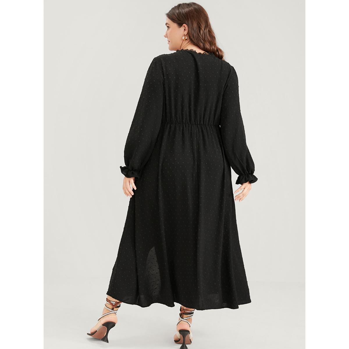Plus Size Solid Pocket Button Lantern Sleeve Lace Trim Split Maxi Dress Black Women Elegant Gathered V-neck Long Sleeve Curvy Long Dress BloomChic 30/6X Product Image