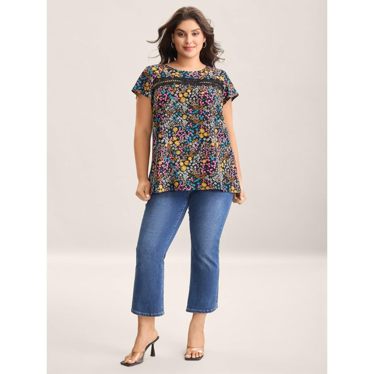Plus Size Black Multi-Color Floral Print Lace Spliced Blouse Women Timeless Cap Sleeve Round Neck Elegant Blouses BloomChic 14-16/1X Product Image