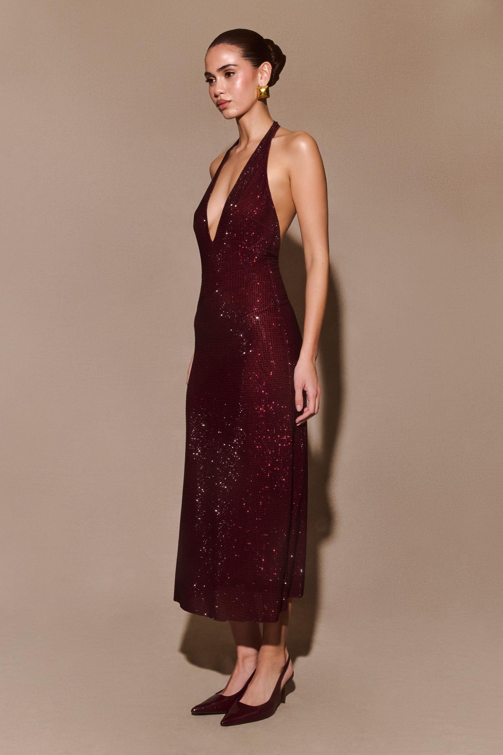 Genie Diamante Halter Midi Dress - Mahogany Product Image