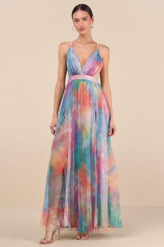 Elegant Moment Multi Watercolor Tie-Dye Backless Maxi Dress Product Image