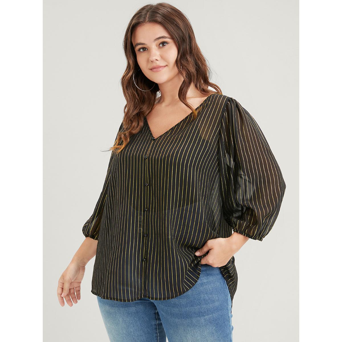 Plus Size Black Striped Mesh Lantern Sleeve V Neck Blouse Women Elegant Elbow-length sleeve V-neck Dailywear Blouses BloomChic 26/4X Product Image