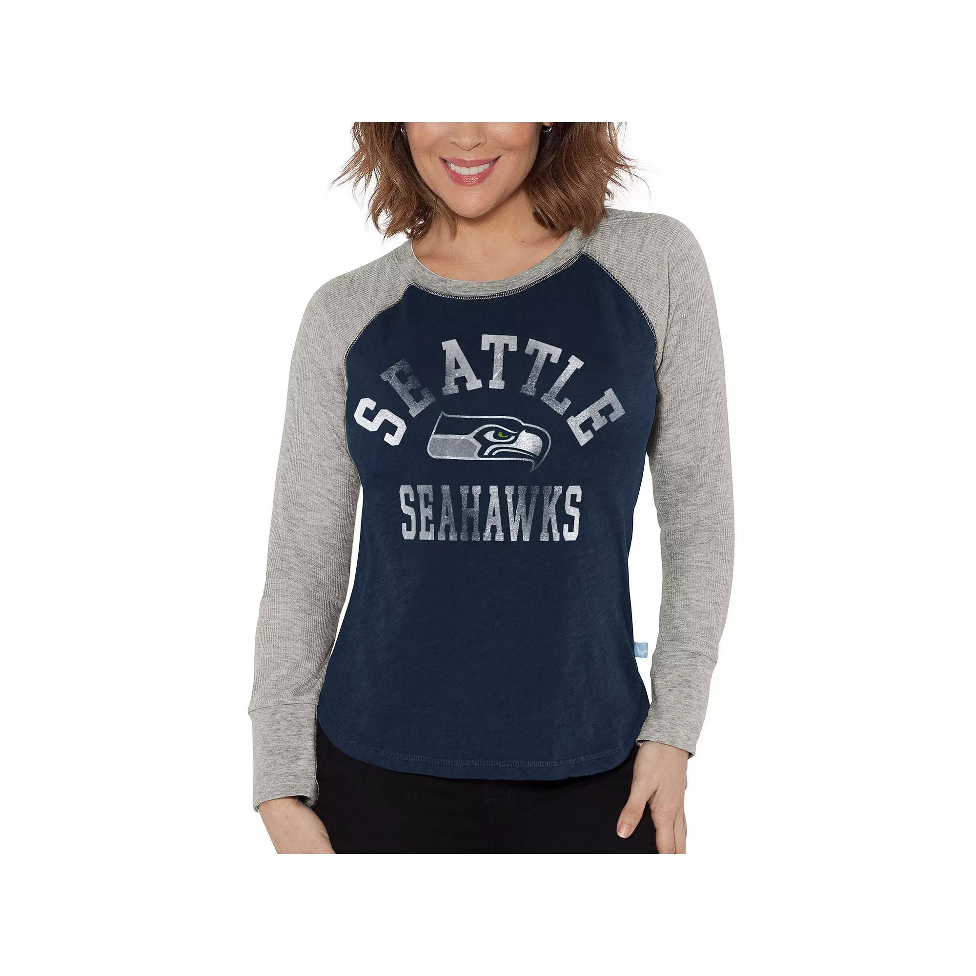 Women's G-III 4Her by Carl Banks College Navy/Heather Gray Seattle Seahawks Waffle Knit Raglan Long Sleeve T-Shirt,  Product Image