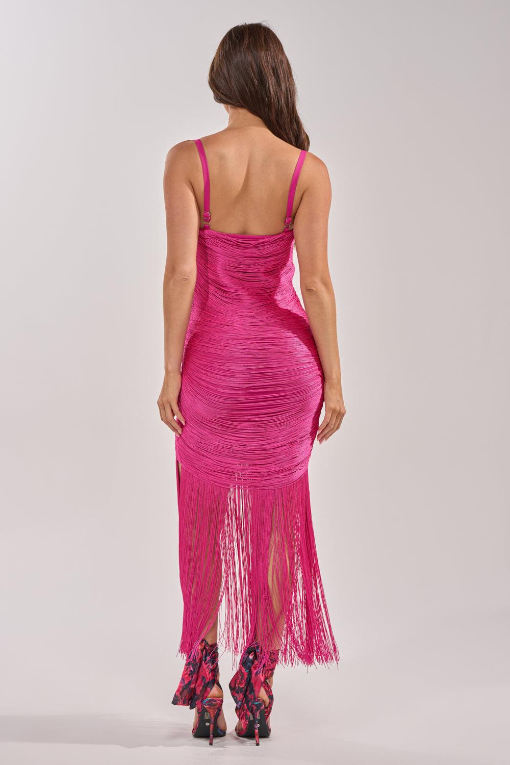 TAKE ME DANCING FRINGE MAXI DRESS IN FUSCHIA Product Image
