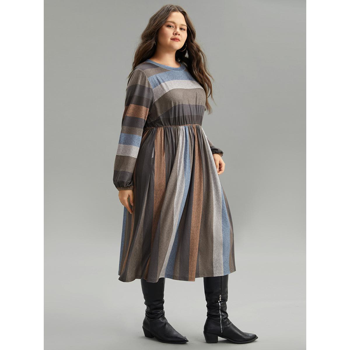 Plus Size Striped Colorblock Contrast Lantern Sleeve Dress Multicolor Women Casual Elastic cuffs Round Neck Long Sleeve Curvy Midi Dress BloomChic 14-16/1X Product Image