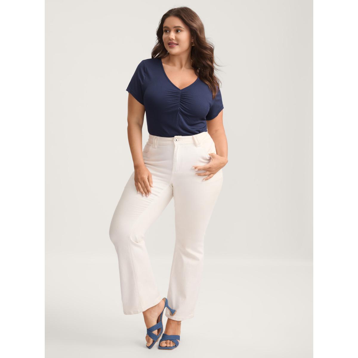 Plus Size Pleated Neckline Slim-Fit Plain T-Shirt Indigo Women Timeless Gathered V-neck Bodycon Elegant T-shirts BloomChic 18-20/2X Product Image