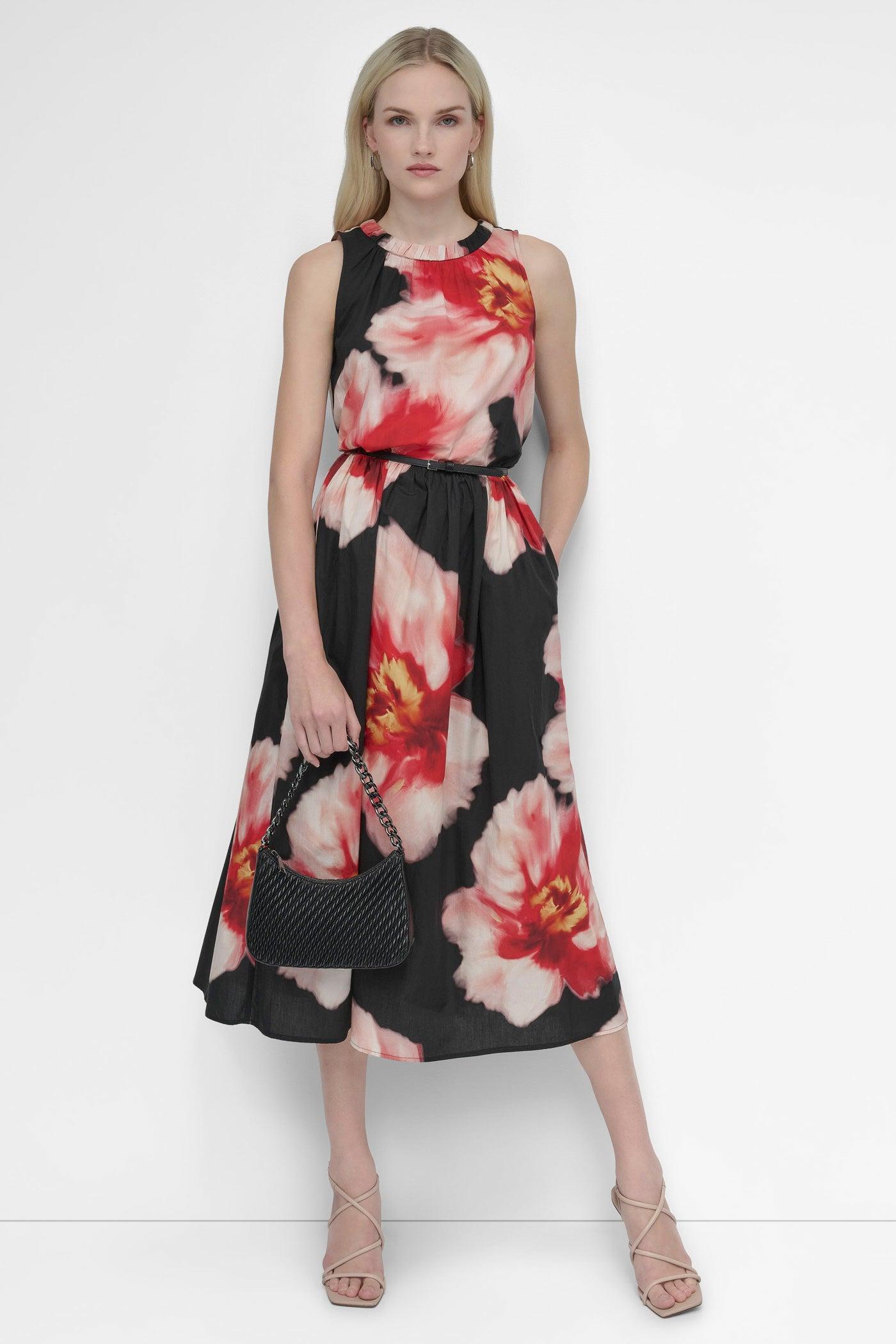 SLEEVELESS SHIRRING MIDI DRESS WITH BELT Product Image