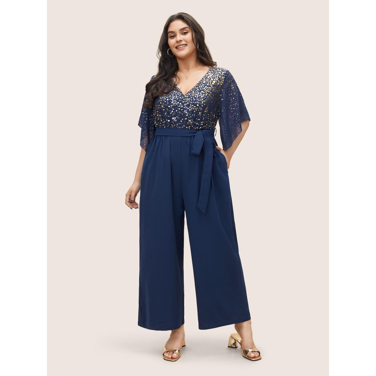 Plus Size DarkBlue Glitter Overlap Collar Mesh Flutter Sleeve Jumpsuit Women Cocktail Half Sleeve Overlap Collar Party Loose Jumpsuits BloomChic 14-16/1X Product Image