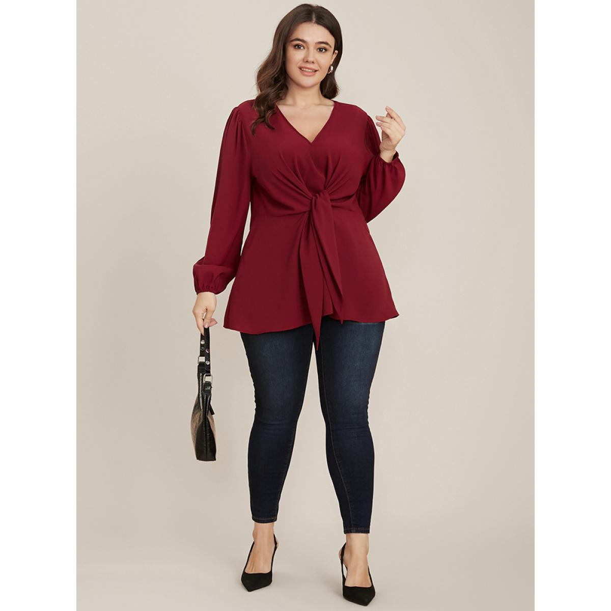 Plus Size Burgundy Solid V Neck Lantern Sleeve Knotted Front Blouse Women Elegant Long Sleeve V-neck Dailywear Blouses BloomChic 30/6X Product Image