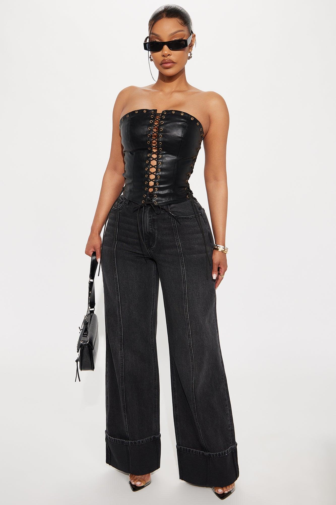 A Piece Of Work Faux Leather Lace Up Top - Black Product Image