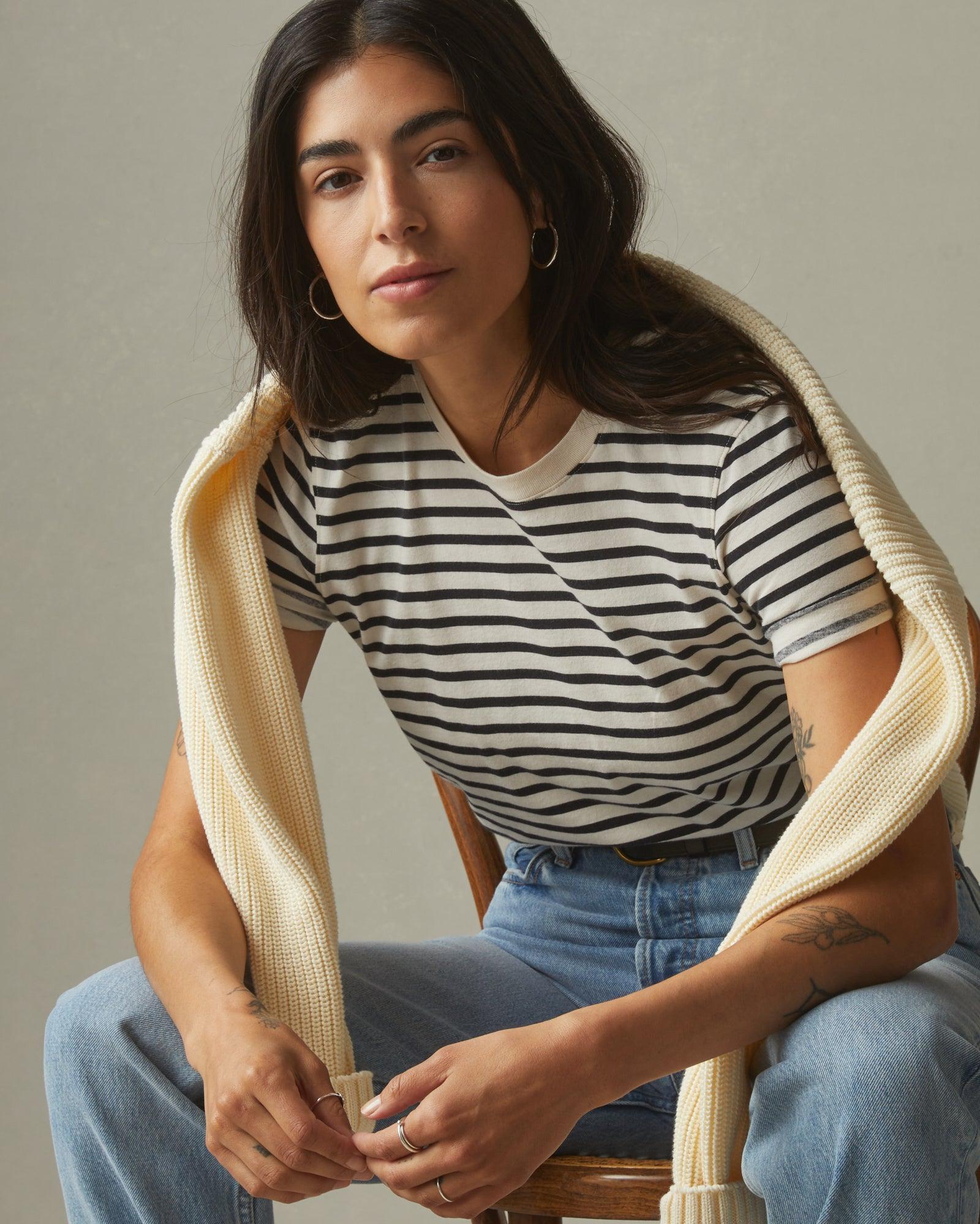 Women's Striped Classic Cotton Crew - Turtledove/Dark Navy Female Product Image