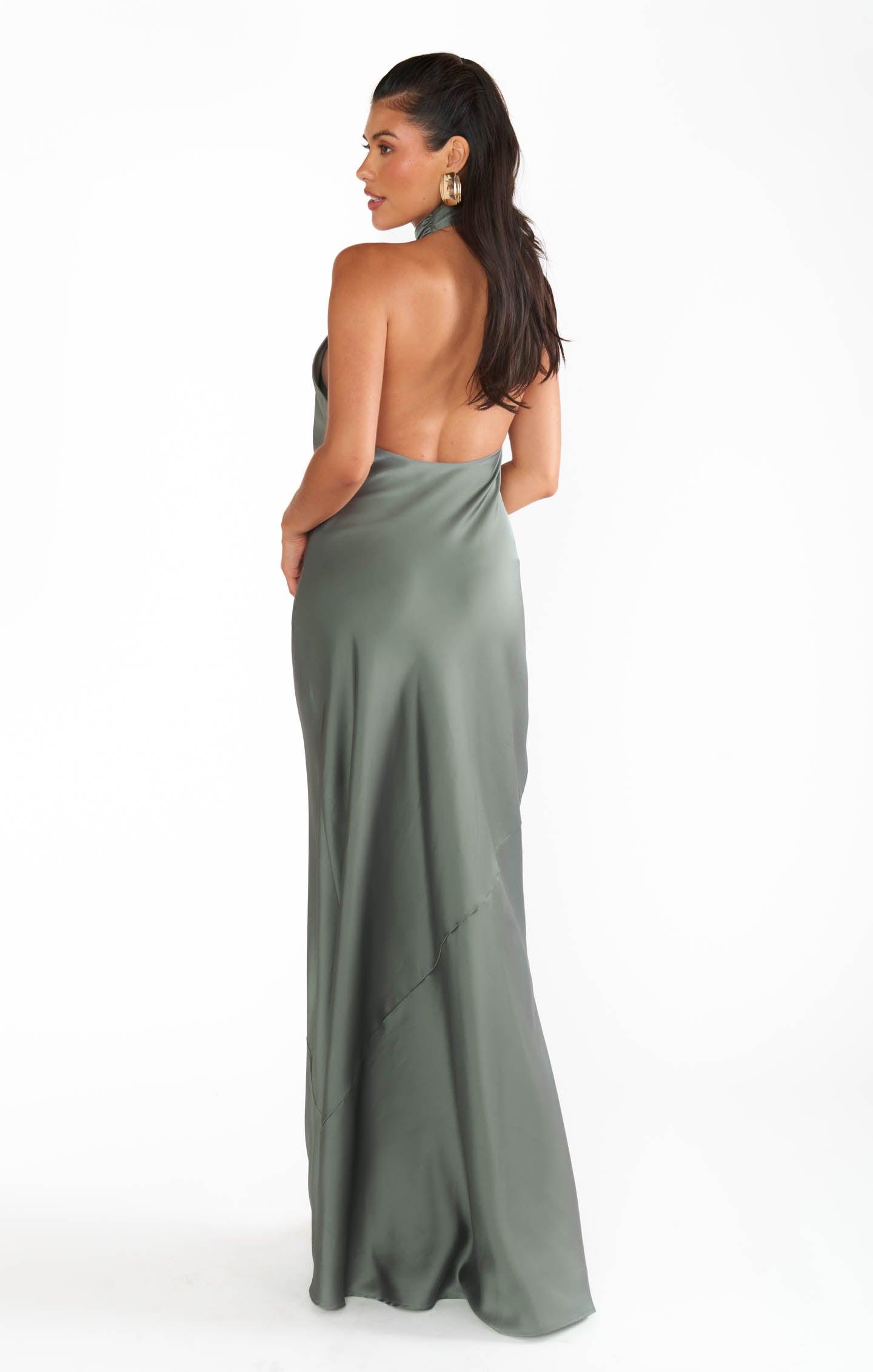 Jasmine Halter Maxi Dress ~ Deep Sage Luxe Satin Product Image