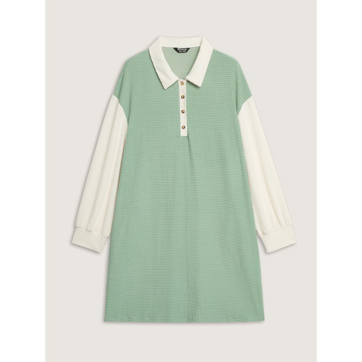 Plus Size Textured Colorblock Collar Midi Dress Greenbean Women Playful Lapel Collar Long Sleeve Curvy BloomChic 30/6X Product Image