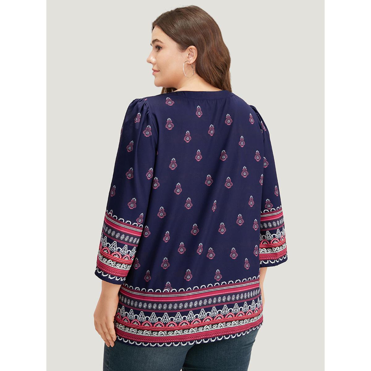 Plus Size Indigo Boho Print Tie Neck Tassel Trim Blouse Women Vacation Elbow-length sleeve V-neck Vacation Blouses BloomChic 14-16/1X Product Image